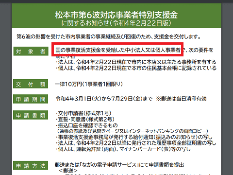 松本市第６波対応事業者特別支援金